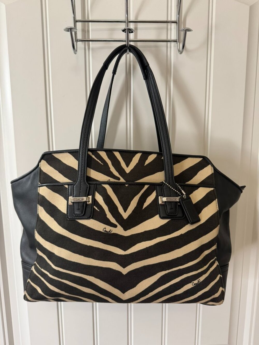 Beautiful Coach Taylor Zebra Carryall, style F27009, in black and cream zebra pr
